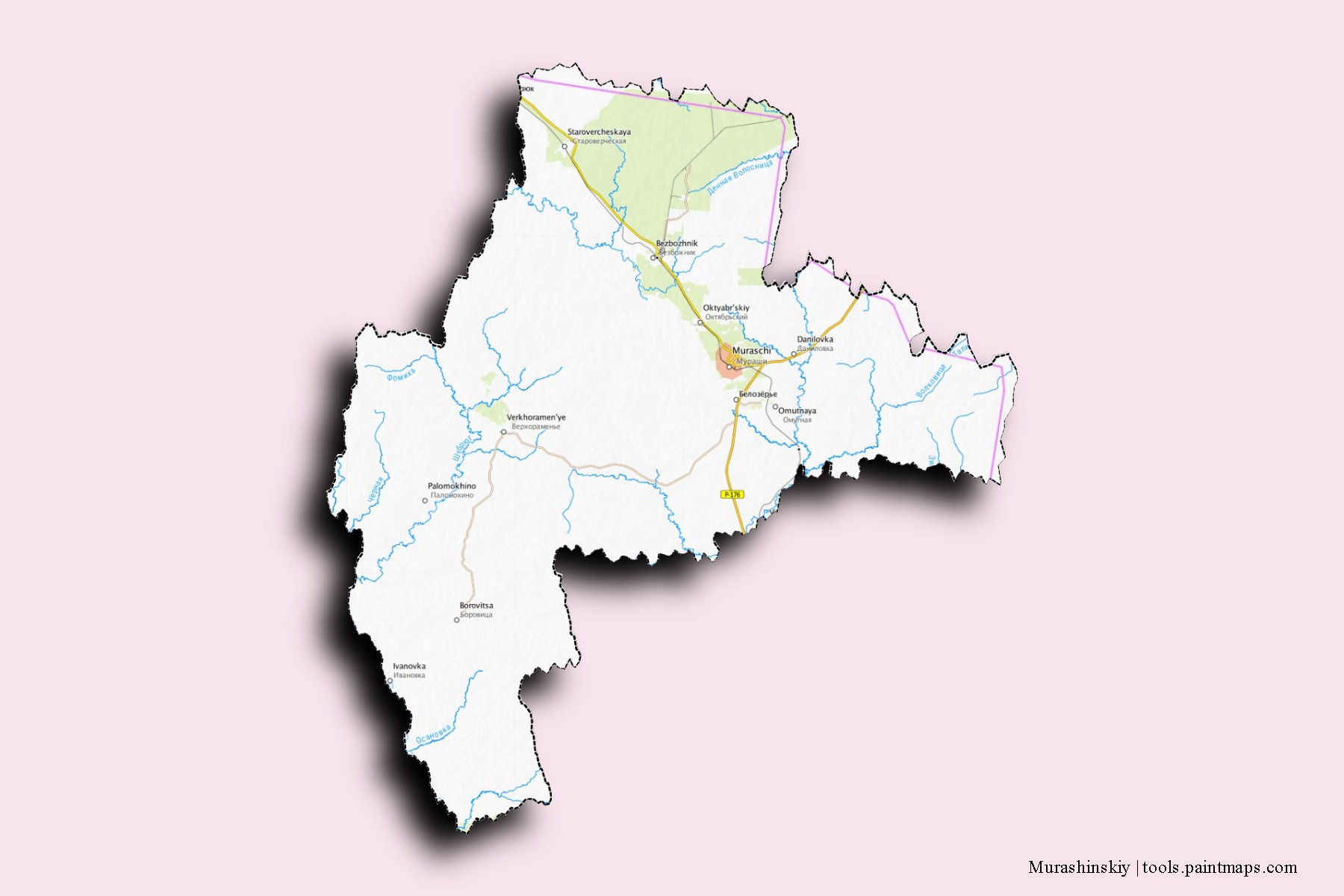 Murashinskiy neighborhoods and villages map with 3D shadow effect