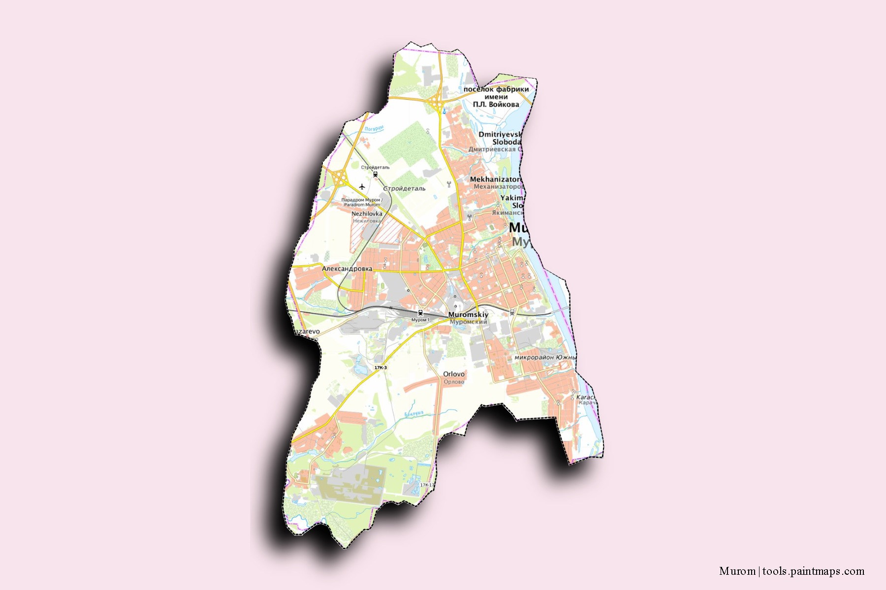 3D gölge efektli Murom mahalleleri ve köyleri haritası