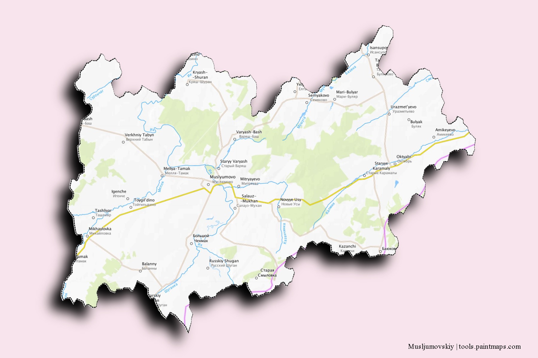 Musljumovskiy neighborhoods and villages map with 3D shadow effect