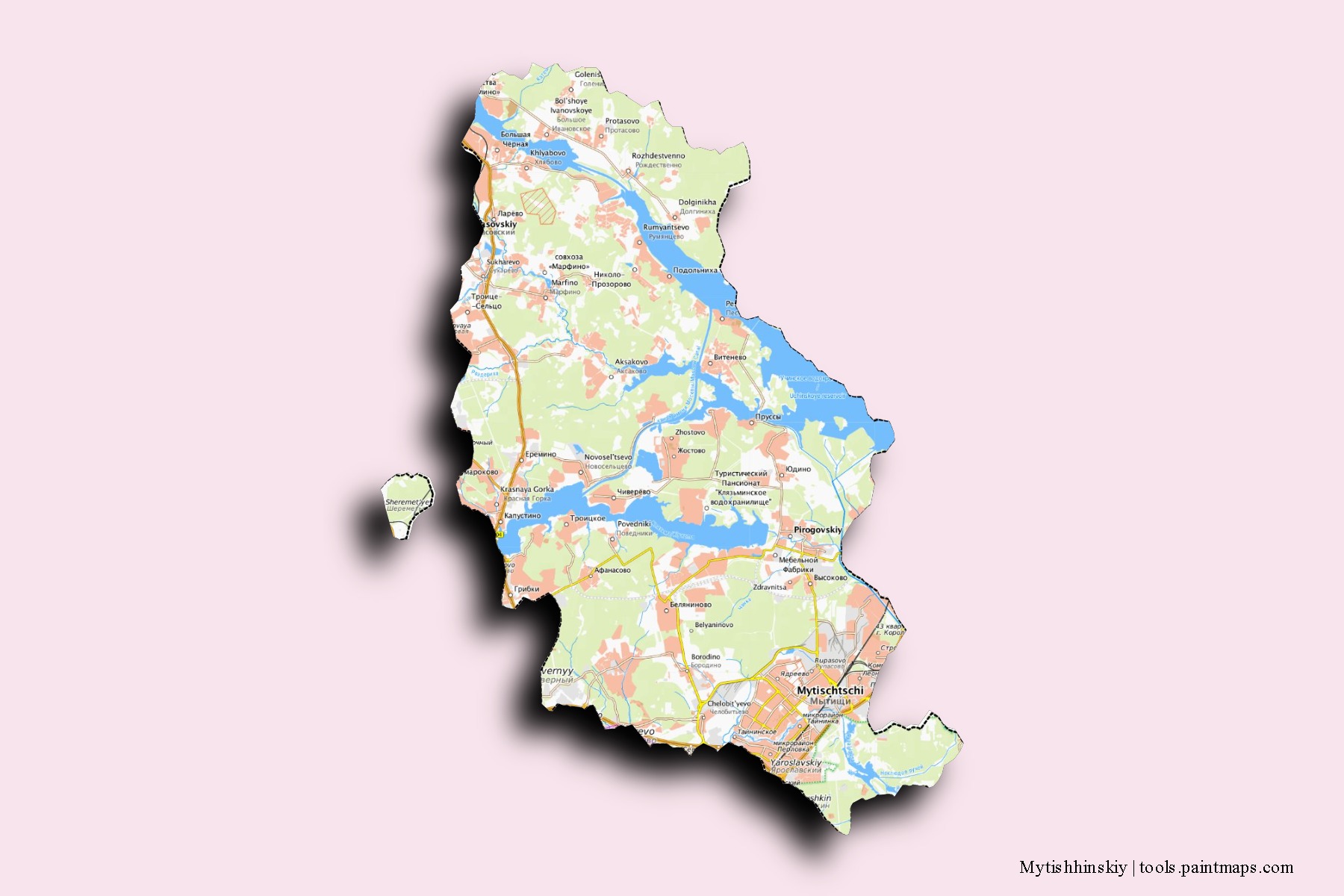 Mapa de barrios y pueblos de Mytishhinskiy con efecto de sombra 3D