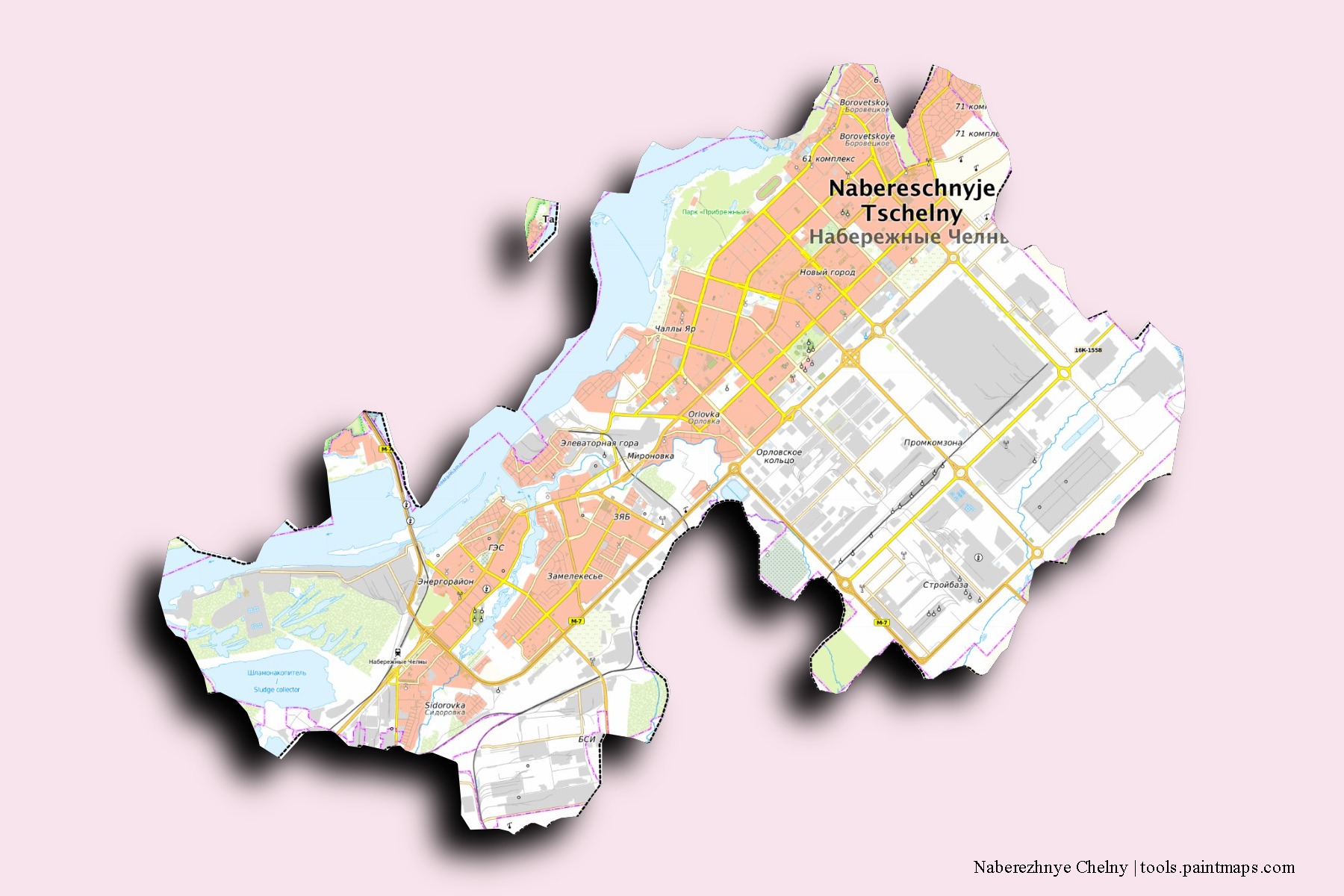 Naberezhnye Chelny neighborhoods and villages map with 3D shadow effect