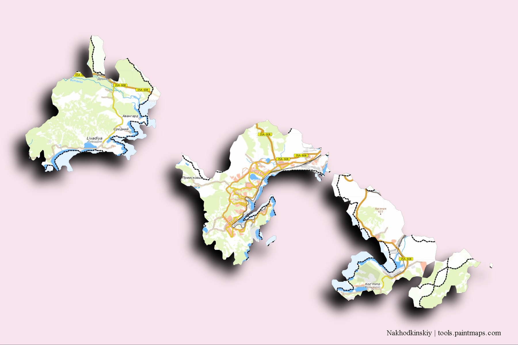 Mapa de barrios y pueblos de Nakhodkinskiy con efecto de sombra 3D