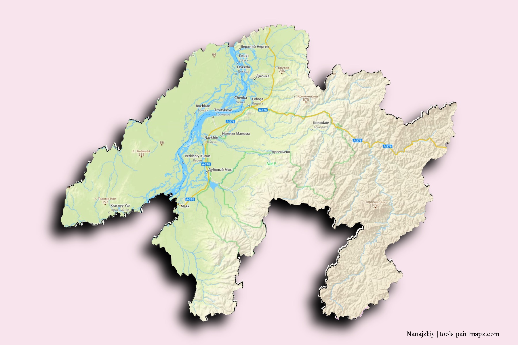 Nanajskiy neighborhoods and villages map with 3D shadow effect