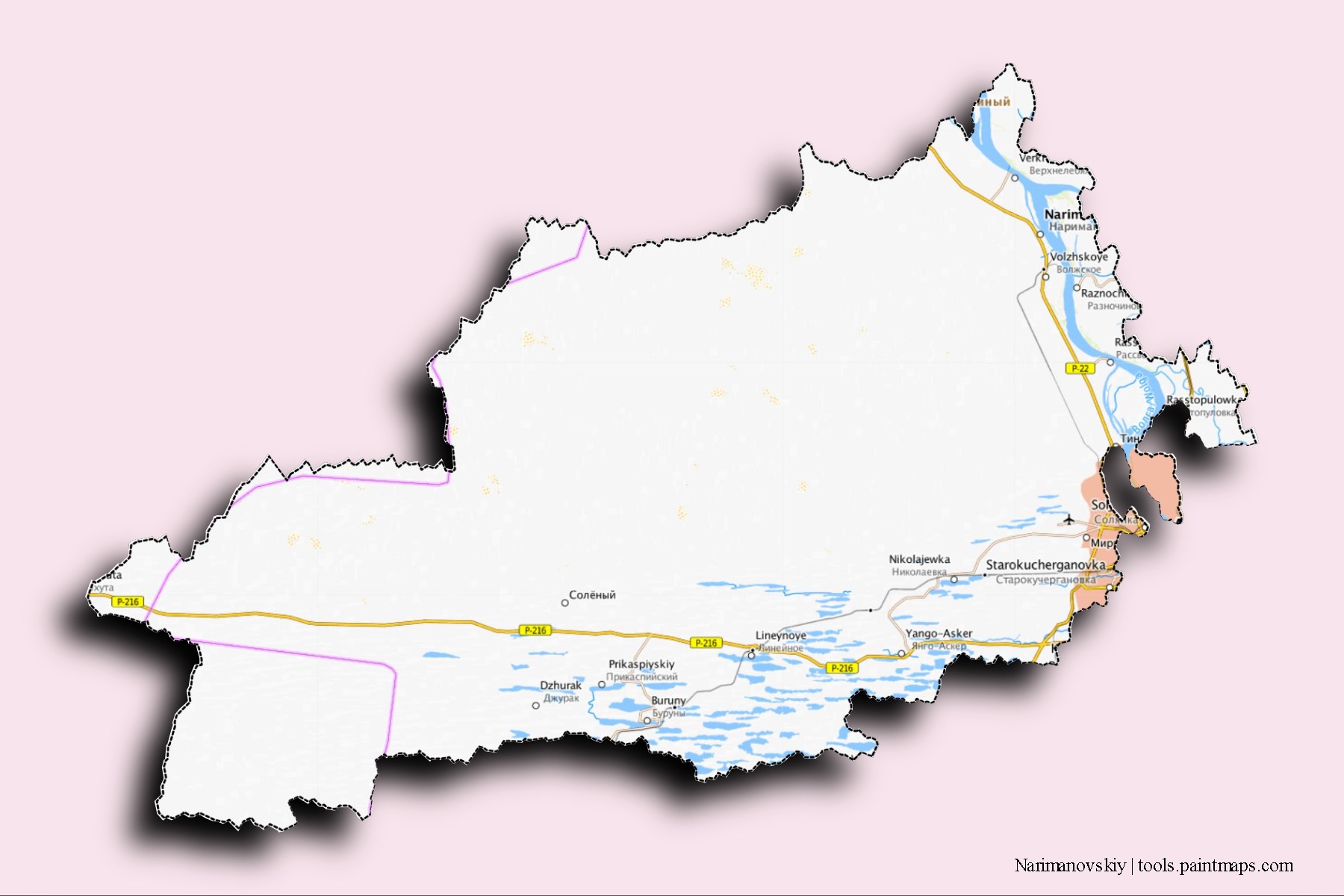 Narimanovskiy neighborhoods and villages map with 3D shadow effect