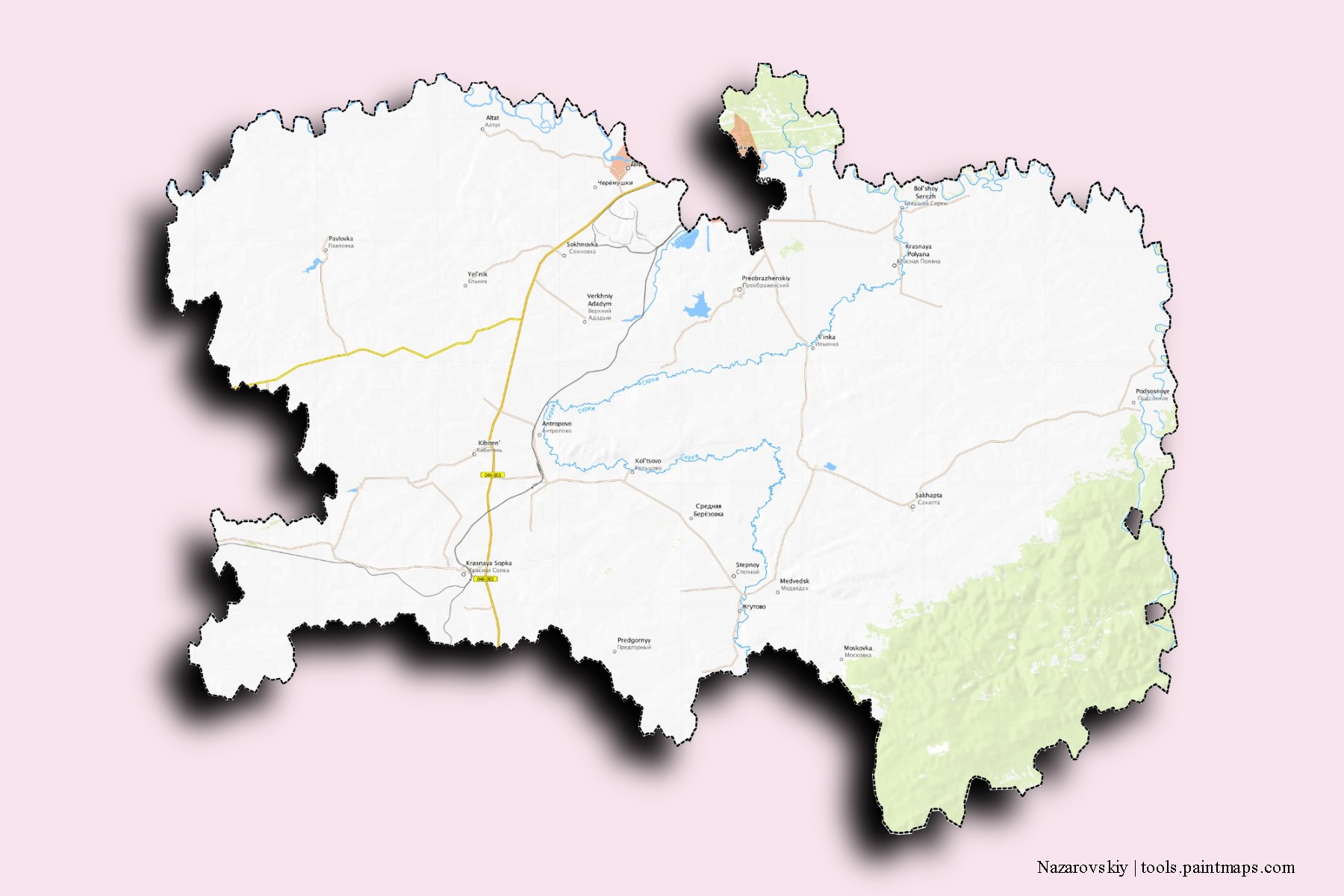 Nazarovskiy neighborhoods and villages map with 3D shadow effect