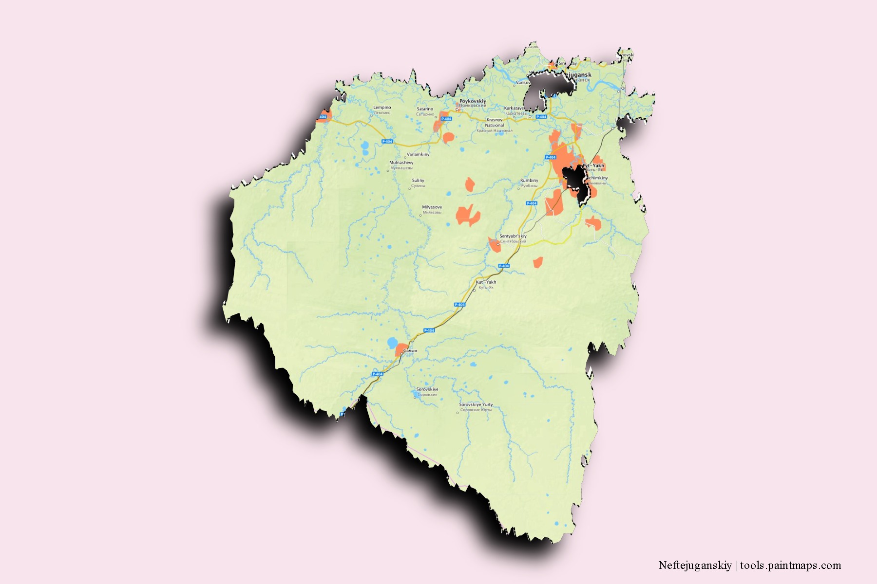 Neftejuganskiy neighborhoods and villages map with 3D shadow effect