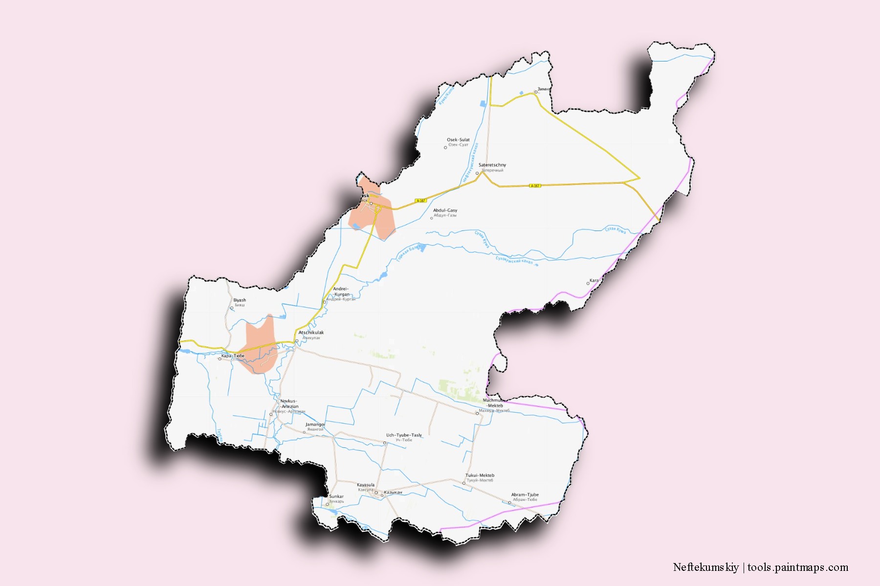 Mapa de barrios y pueblos de Neftekumskiy con efecto de sombra 3D