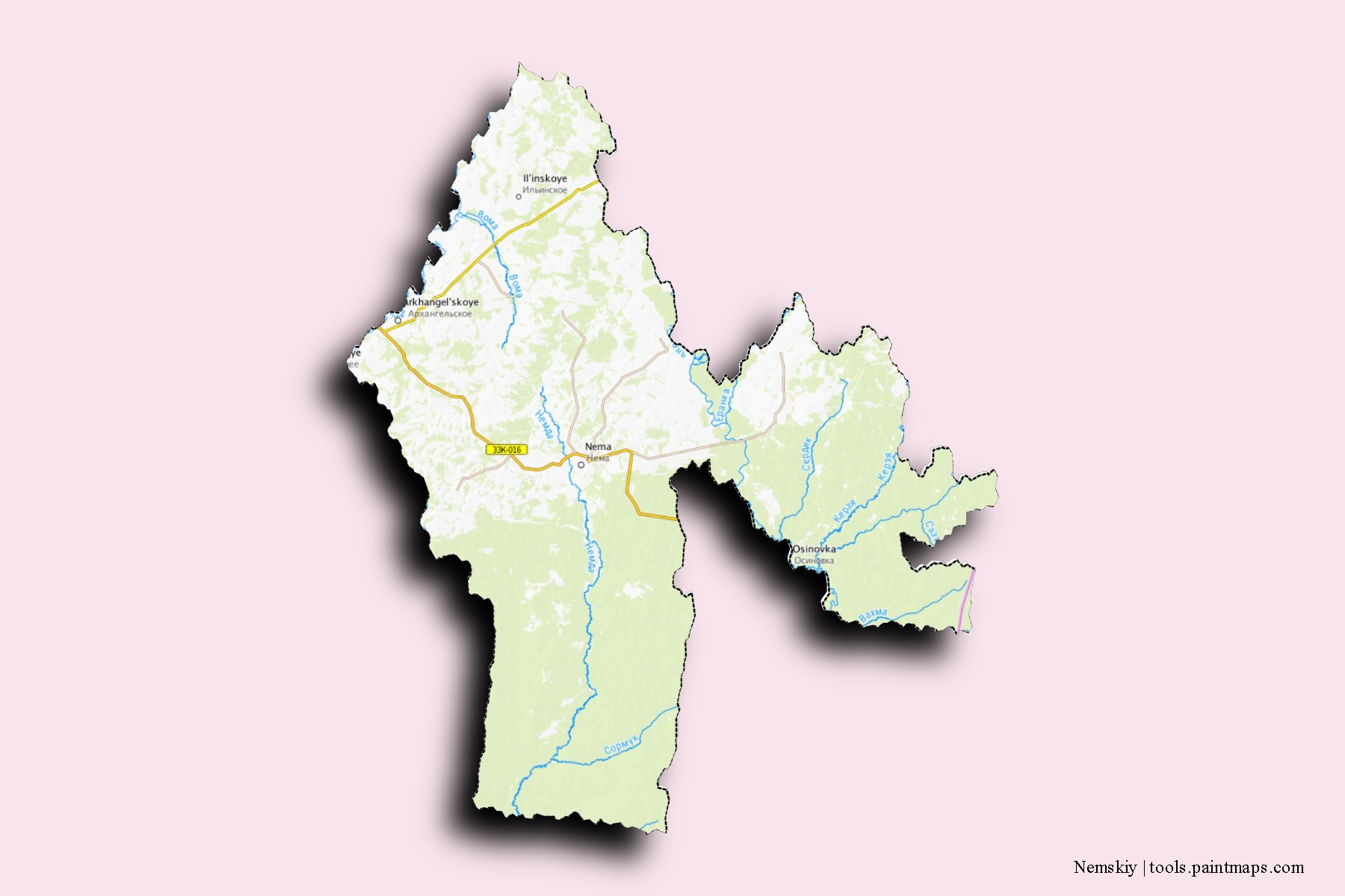 Mapa de barrios y pueblos de Nemskiy con efecto de sombra 3D