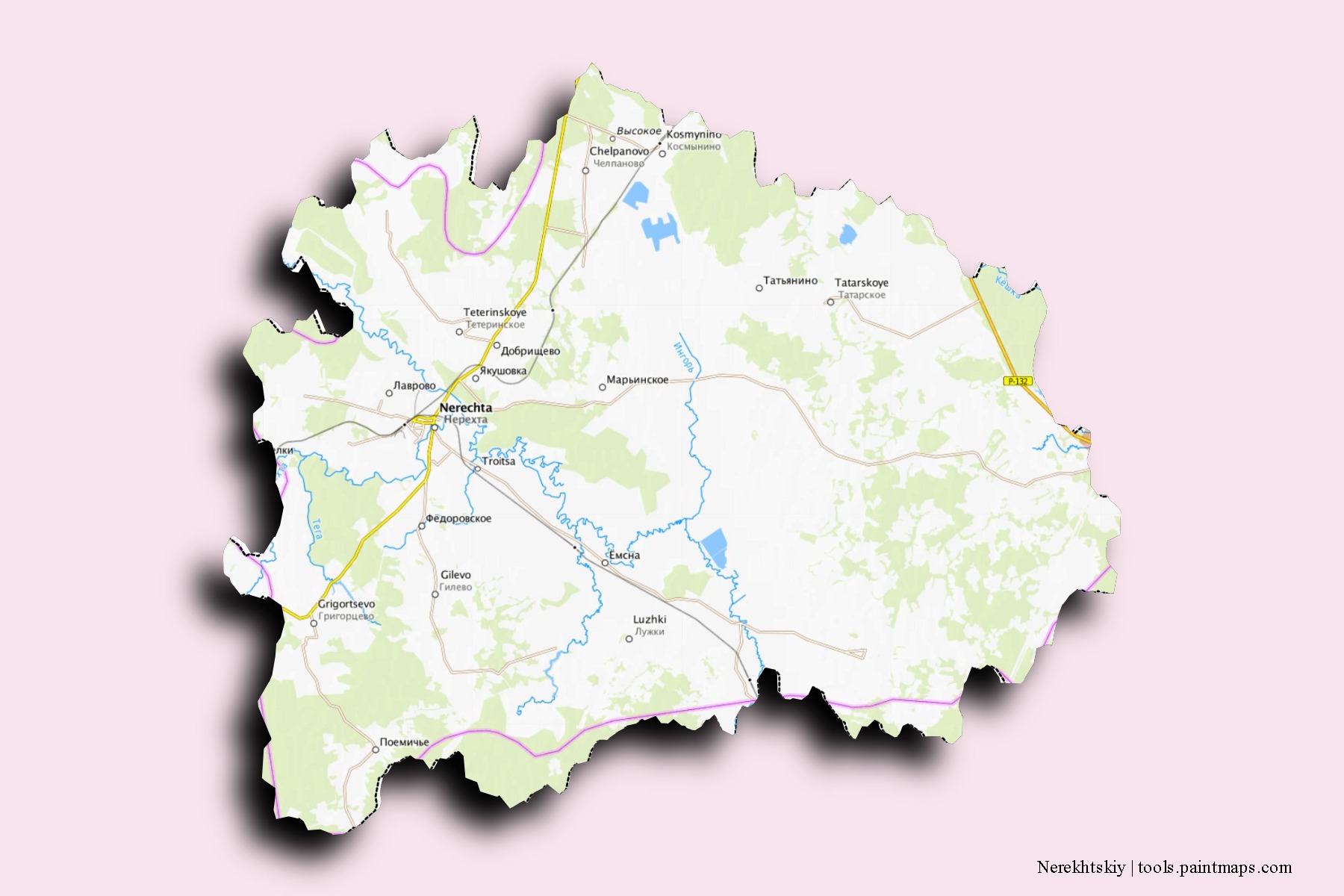 Mapa de barrios y pueblos de Nerekhtskiy con efecto de sombra 3D