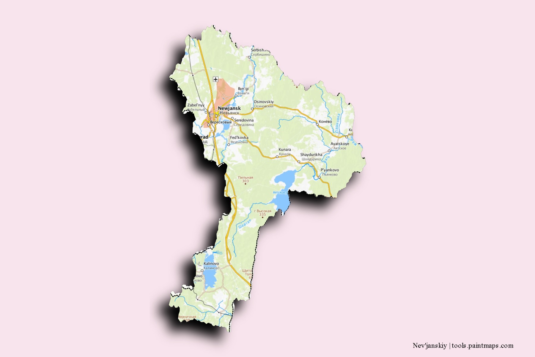 Nev'janskiy neighborhoods and villages map with 3D shadow effect