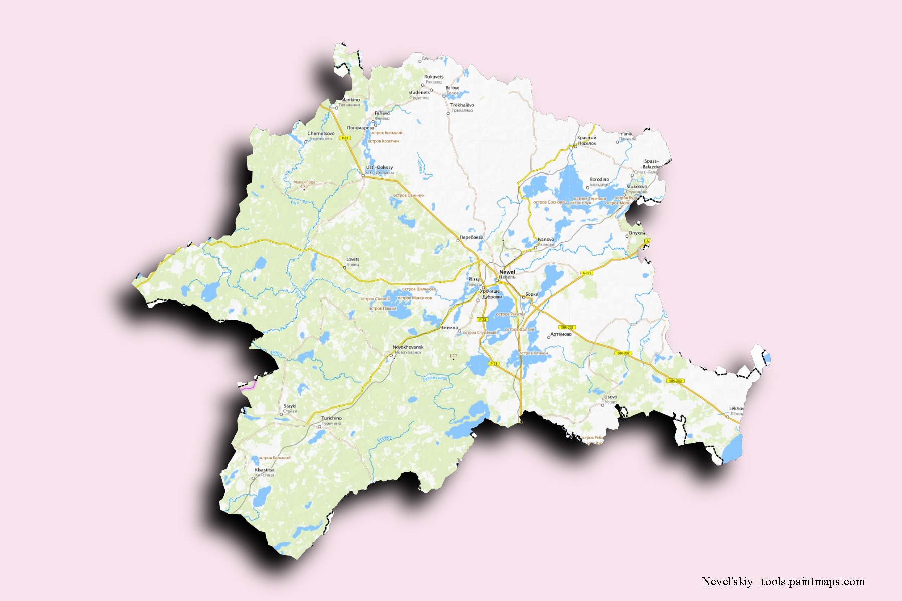 Nevel'skiy neighborhoods and villages map with 3D shadow effect