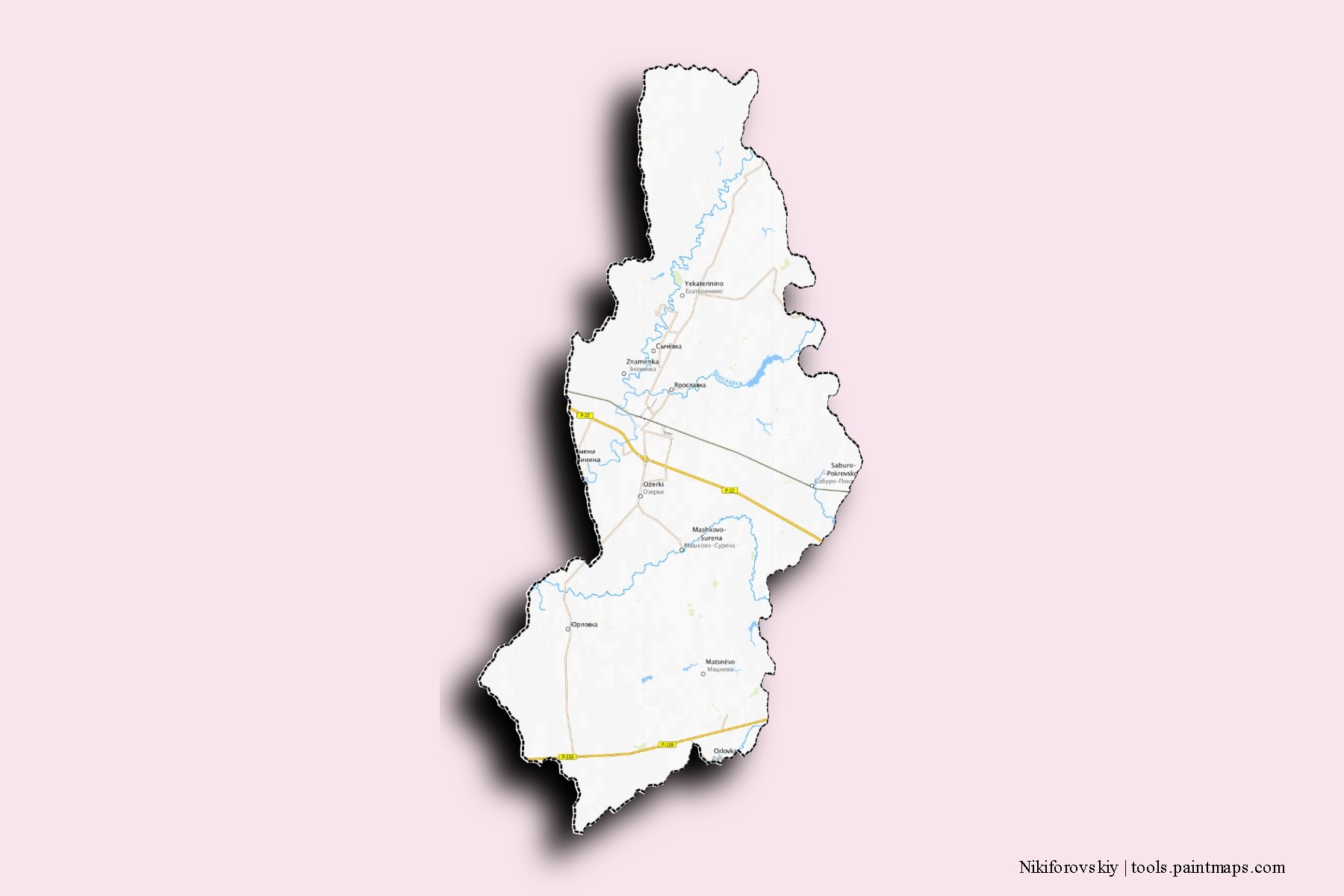 Mapa de barrios y pueblos de Nikiforovskiy con efecto de sombra 3D