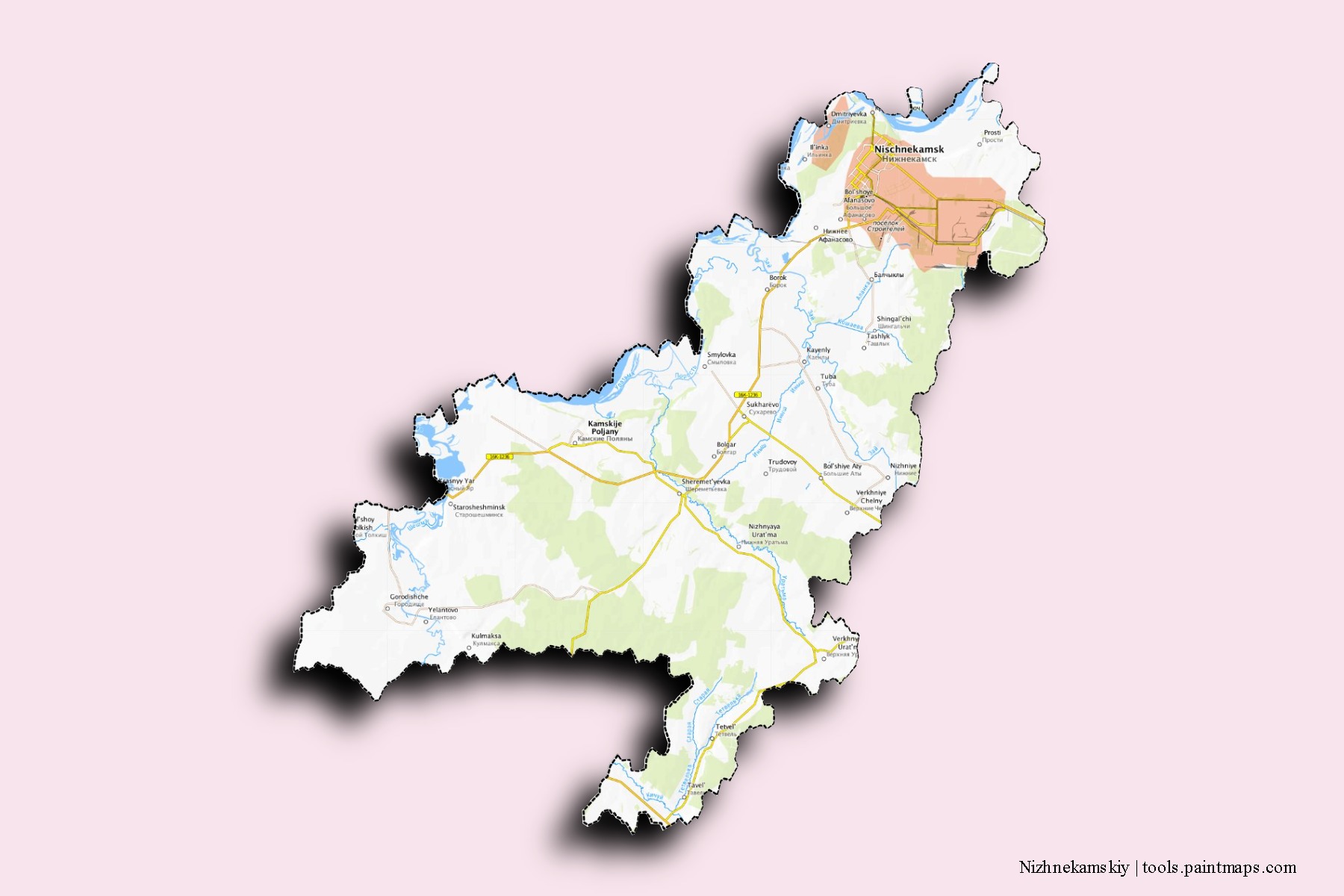 Nizhnekamskiy neighborhoods and villages map with 3D shadow effect