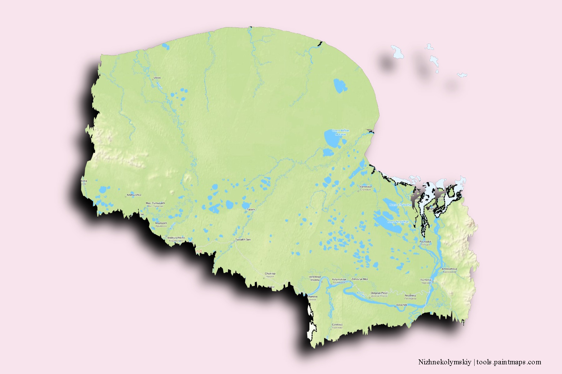 Nizhnekolymskiy neighborhoods and villages map with 3D shadow effect