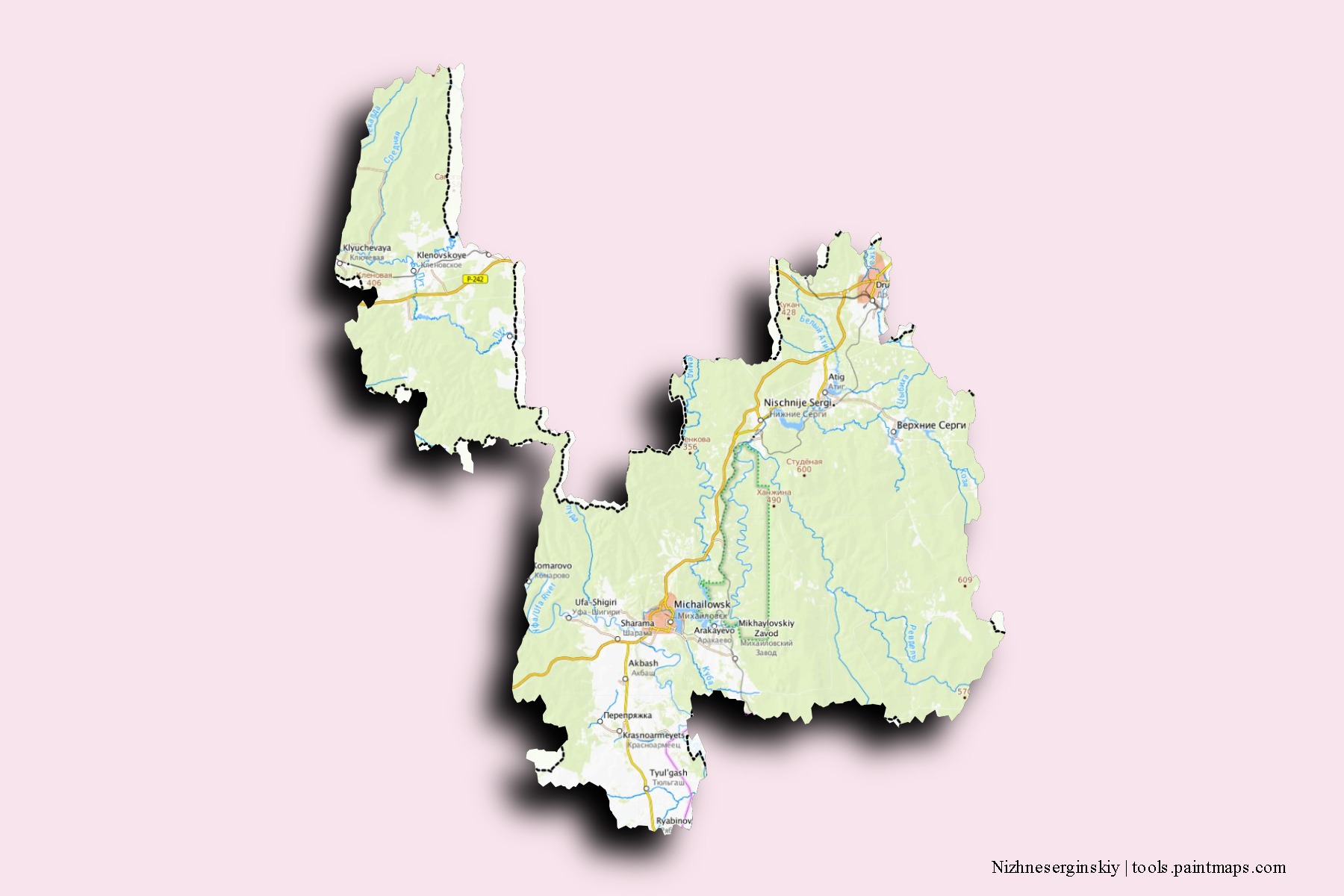 Nizhneserginskiy neighborhoods and villages map with 3D shadow effect