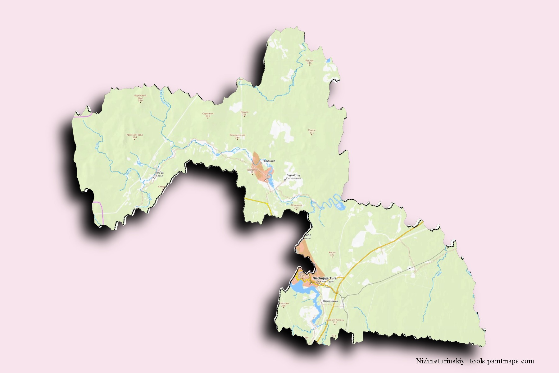 3D gölge efektli Nizhneturinskiy mahalleleri ve köyleri haritası