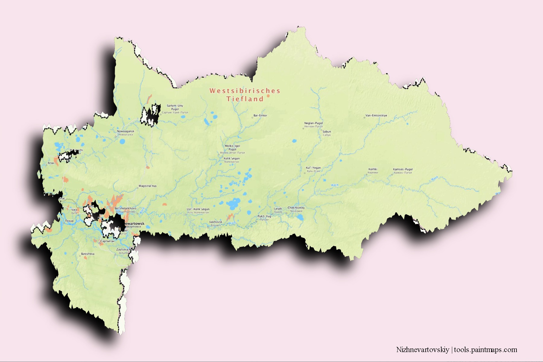 Mapa de barrios y pueblos de Nizhnevartovskiy con efecto de sombra 3D