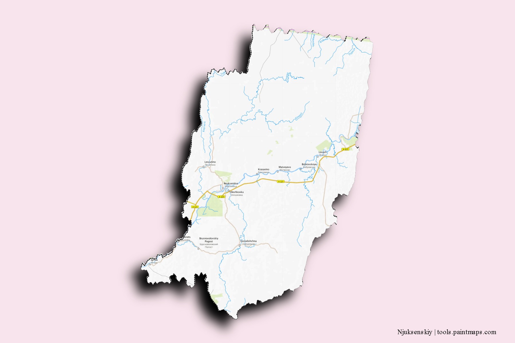 Mapa de barrios y pueblos de Njuksenskiy con efecto de sombra 3D