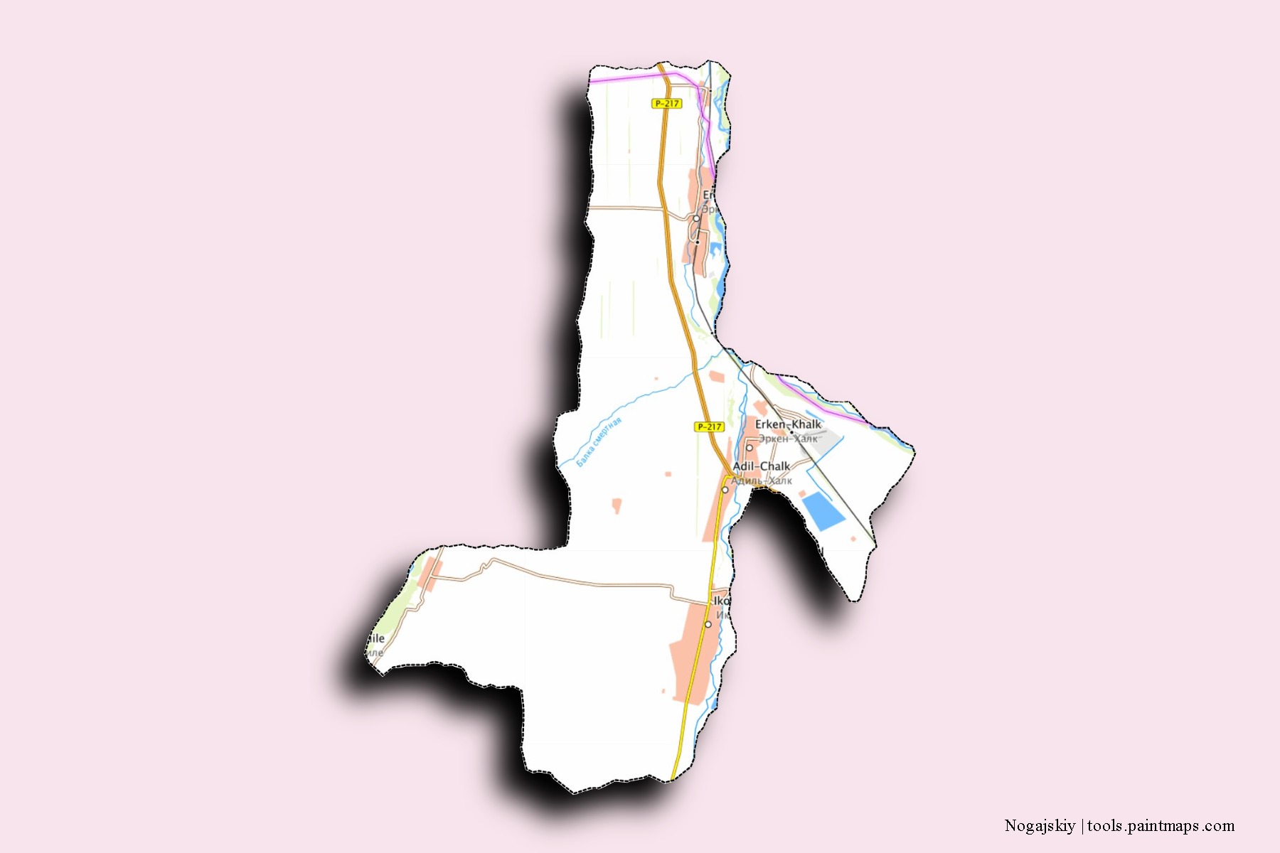 Nogajskiy neighborhoods and villages map with 3D shadow effect