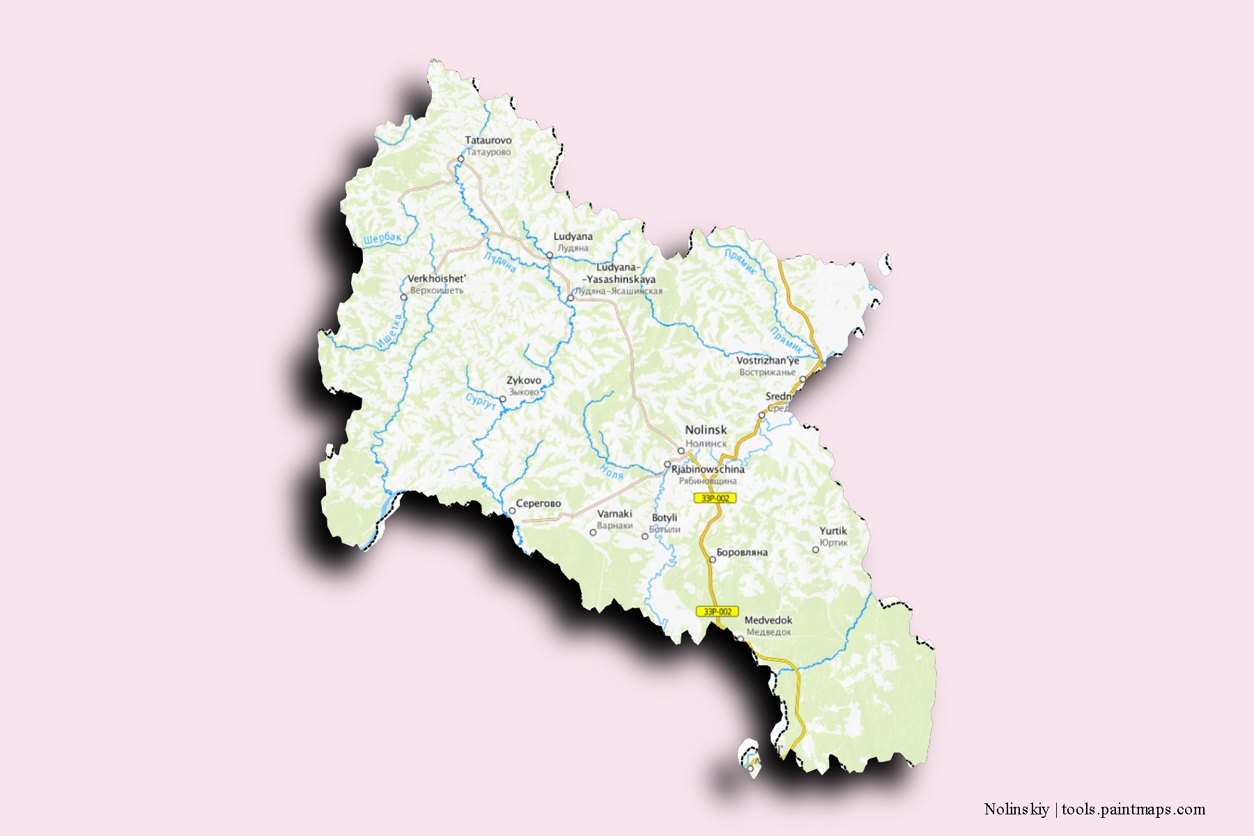 Mapa de barrios y pueblos de Nolinskiy con efecto de sombra 3D