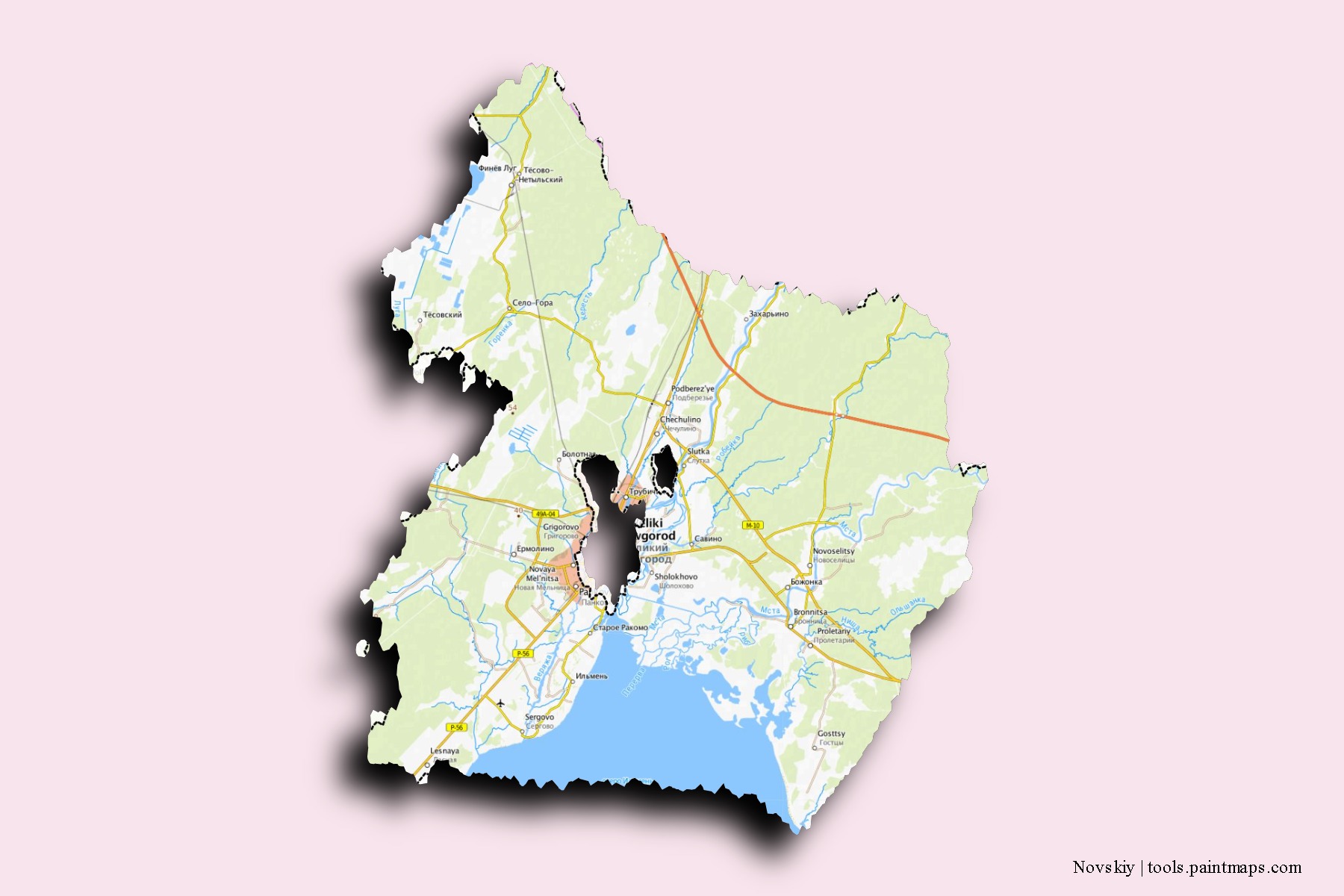 Mapa de barrios y pueblos de Novskiy con efecto de sombra 3D