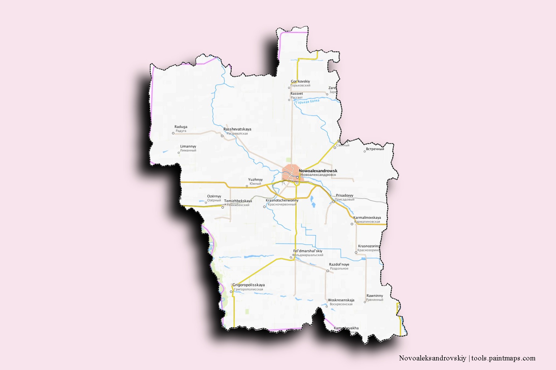 Mapa de barrios y pueblos de Novoaleksandrovskiy con efecto de sombra 3D