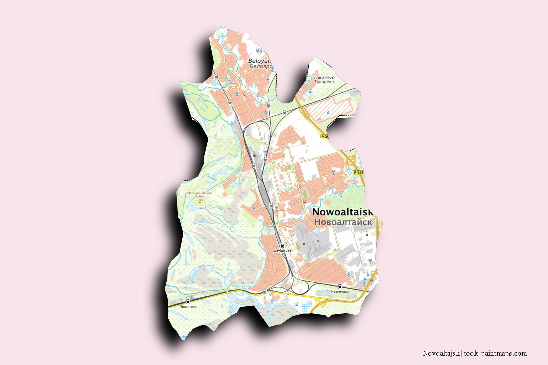 Mapa de barrios y pueblos de Novoaltajsk con efecto de sombra 3D