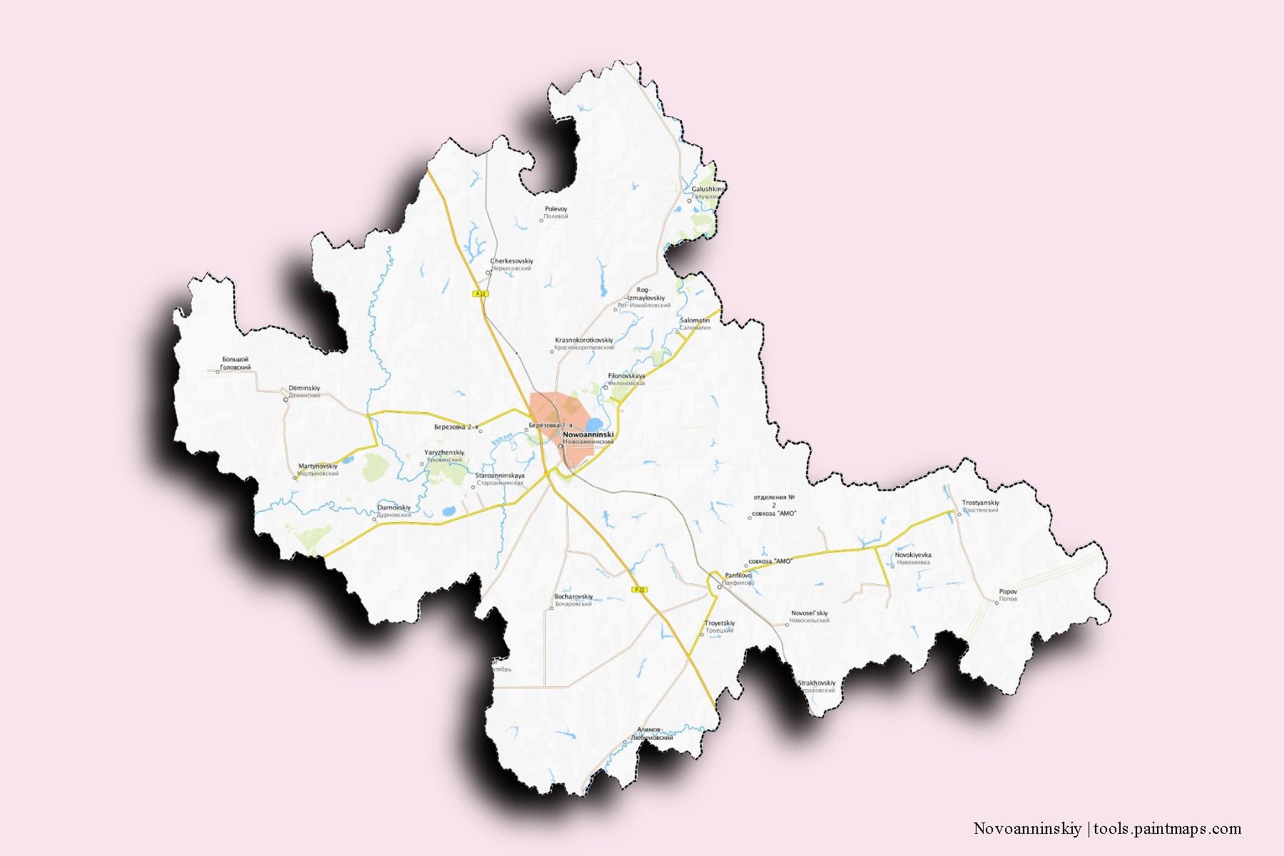 Novoanninskiy neighborhoods and villages map with 3D shadow effect