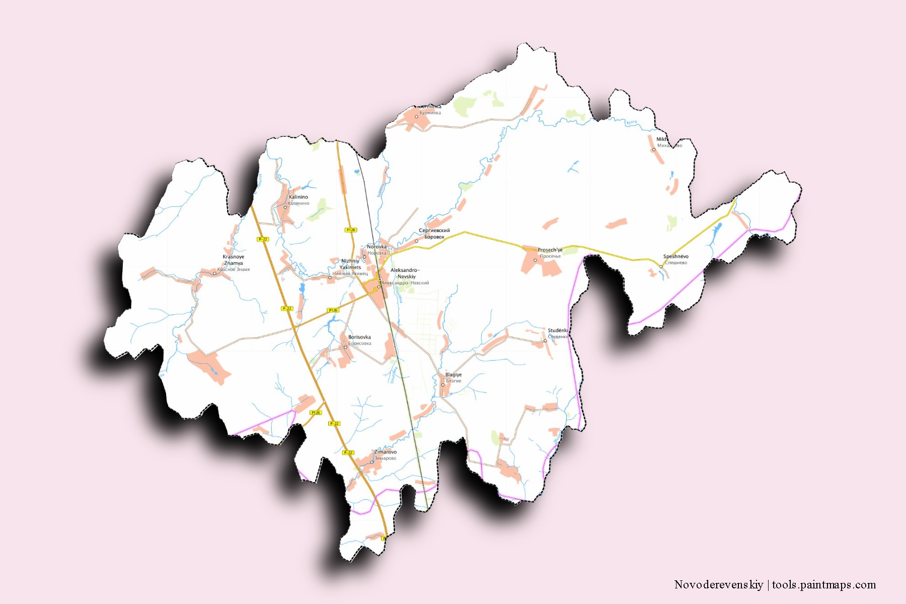 Novoderevenskiy neighborhoods and villages map with 3D shadow effect