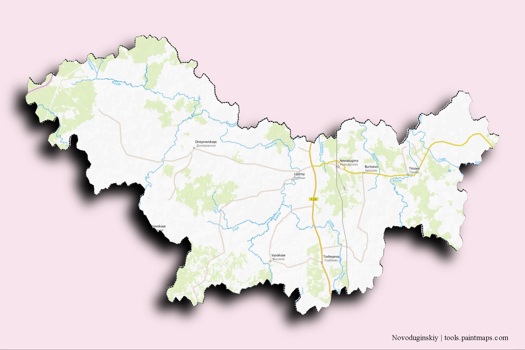 Mapa de barrios y pueblos de Novoduginskiy con efecto de sombra 3D