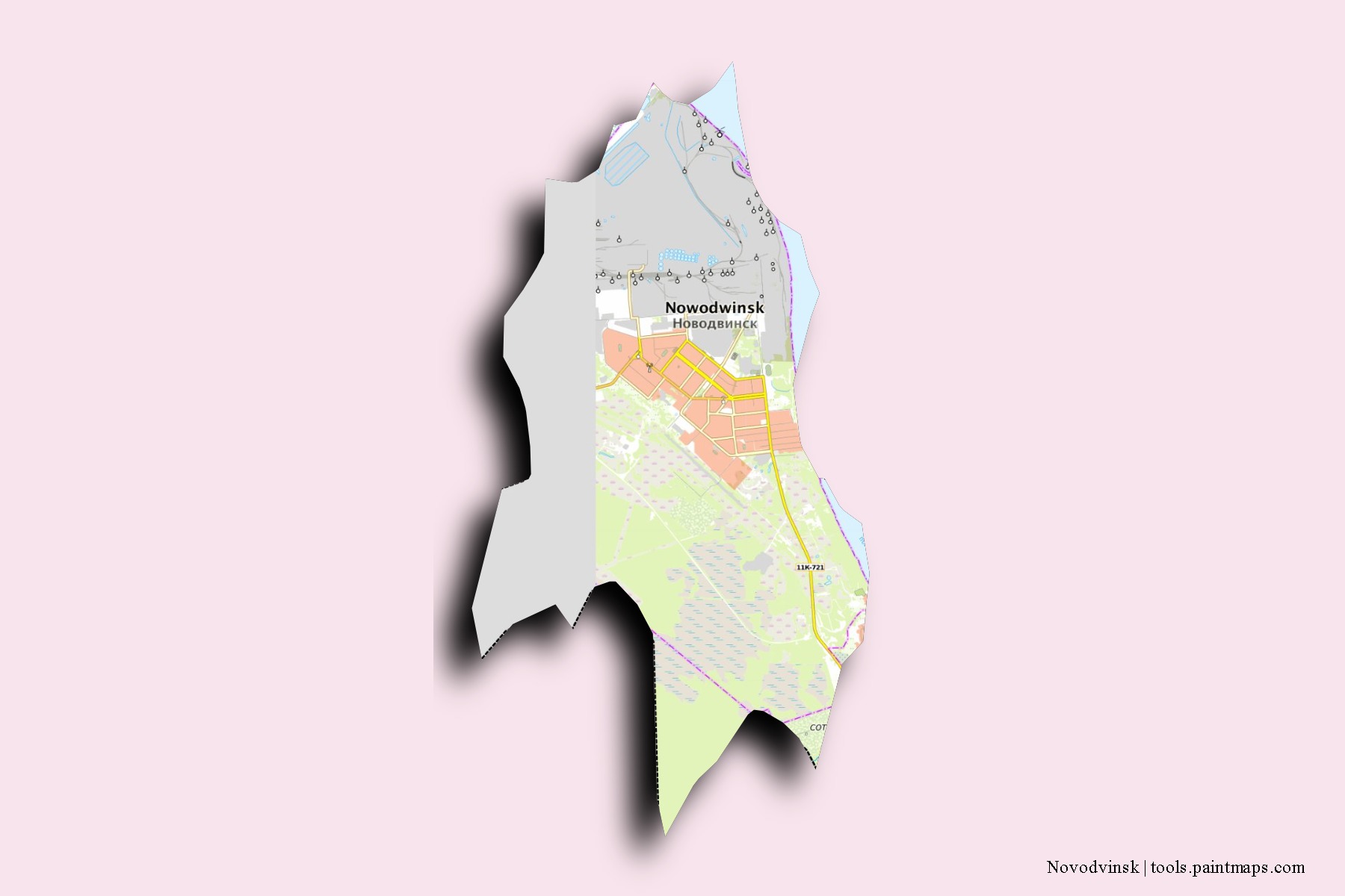 Mapa de barrios y pueblos de Novodvinsk con efecto de sombra 3D