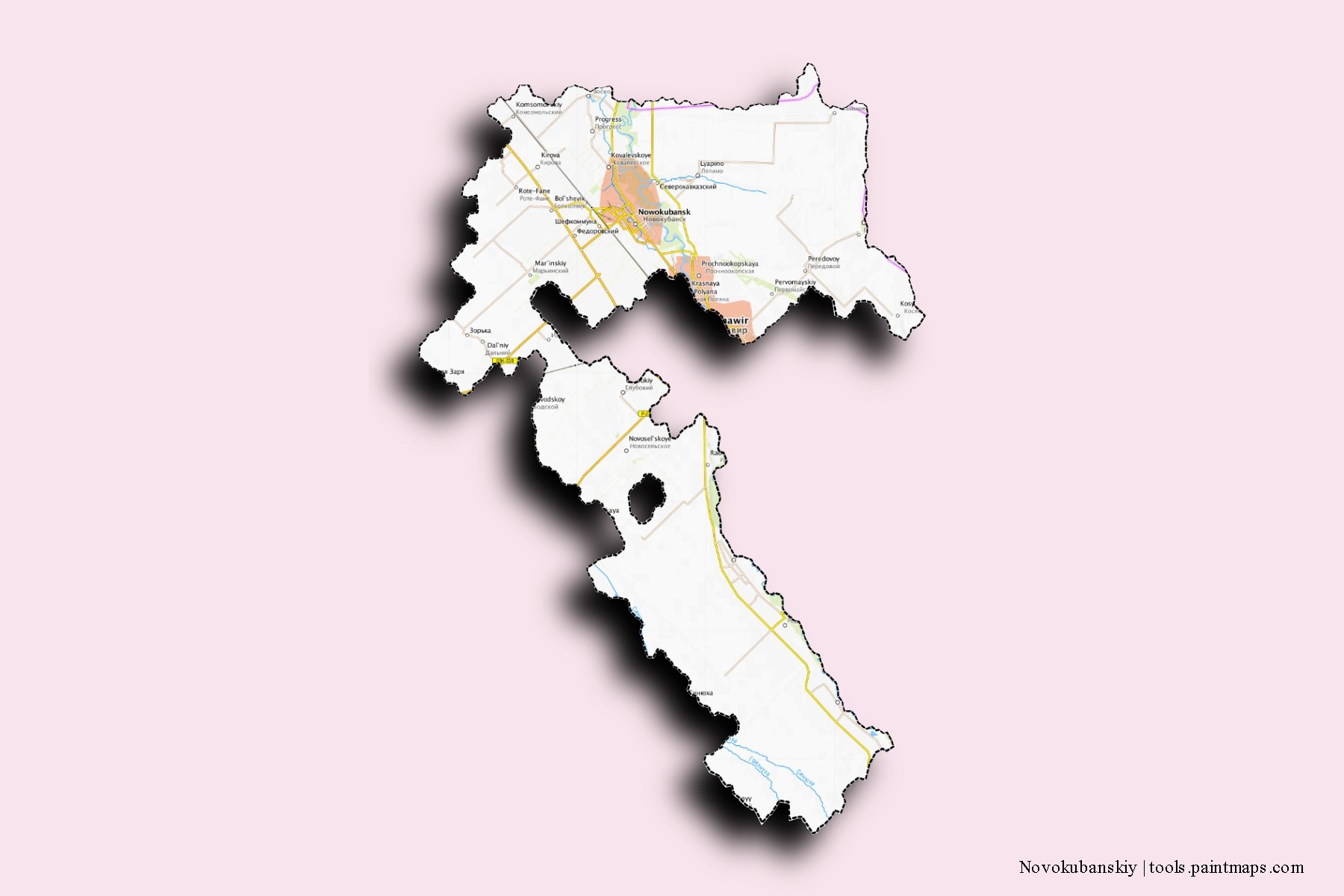 3D gölge efektli Novokubanskiy mahalleleri ve köyleri haritası