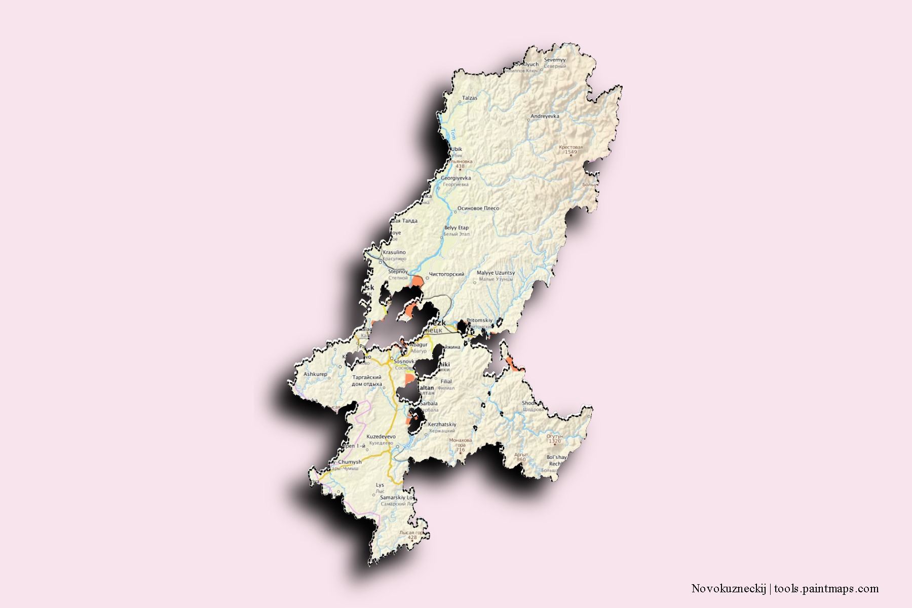 Mapa de barrios y pueblos de Novokuzneckij con efecto de sombra 3D