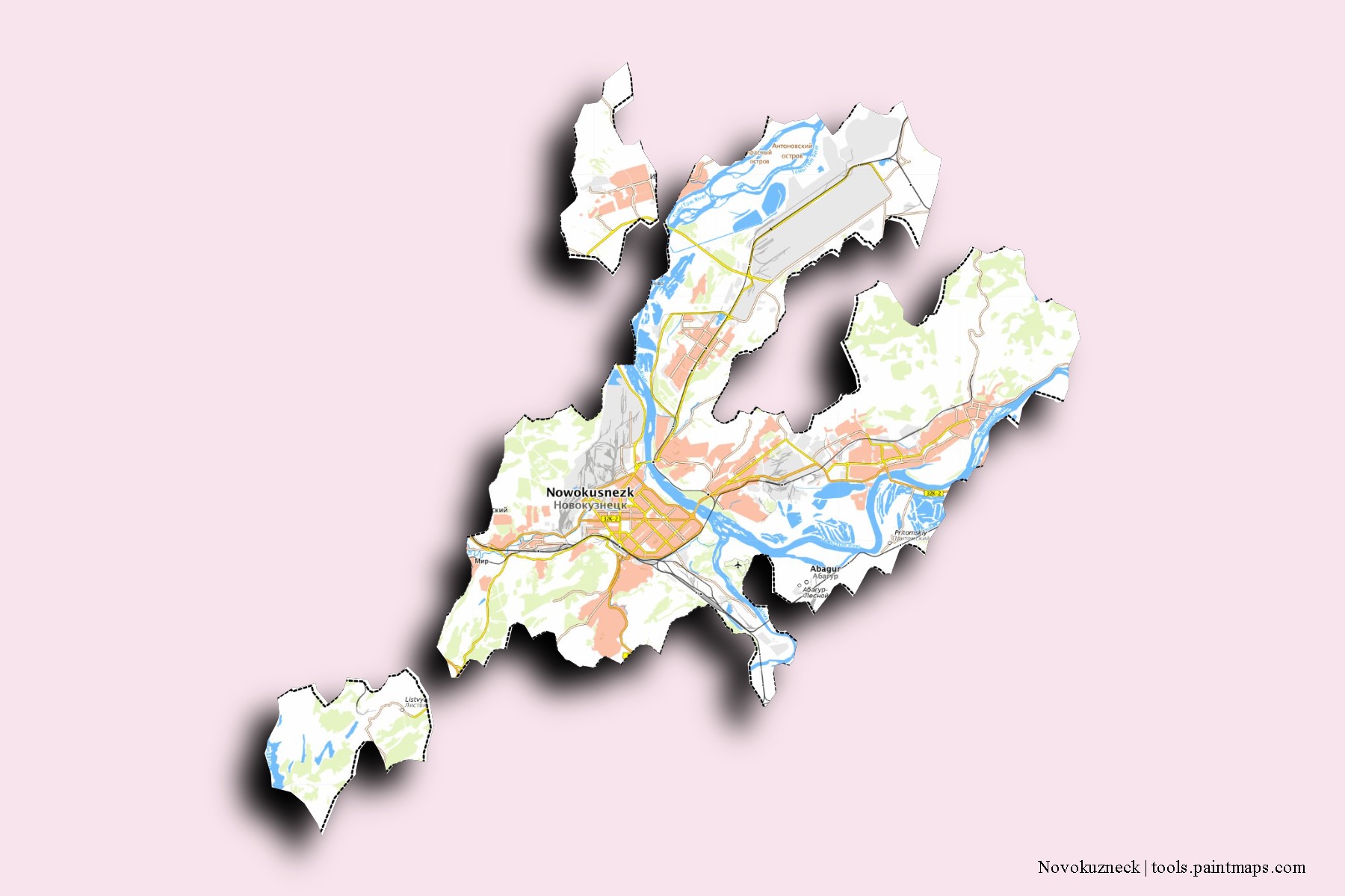 Novokuzneck neighborhoods and villages map with 3D shadow effect