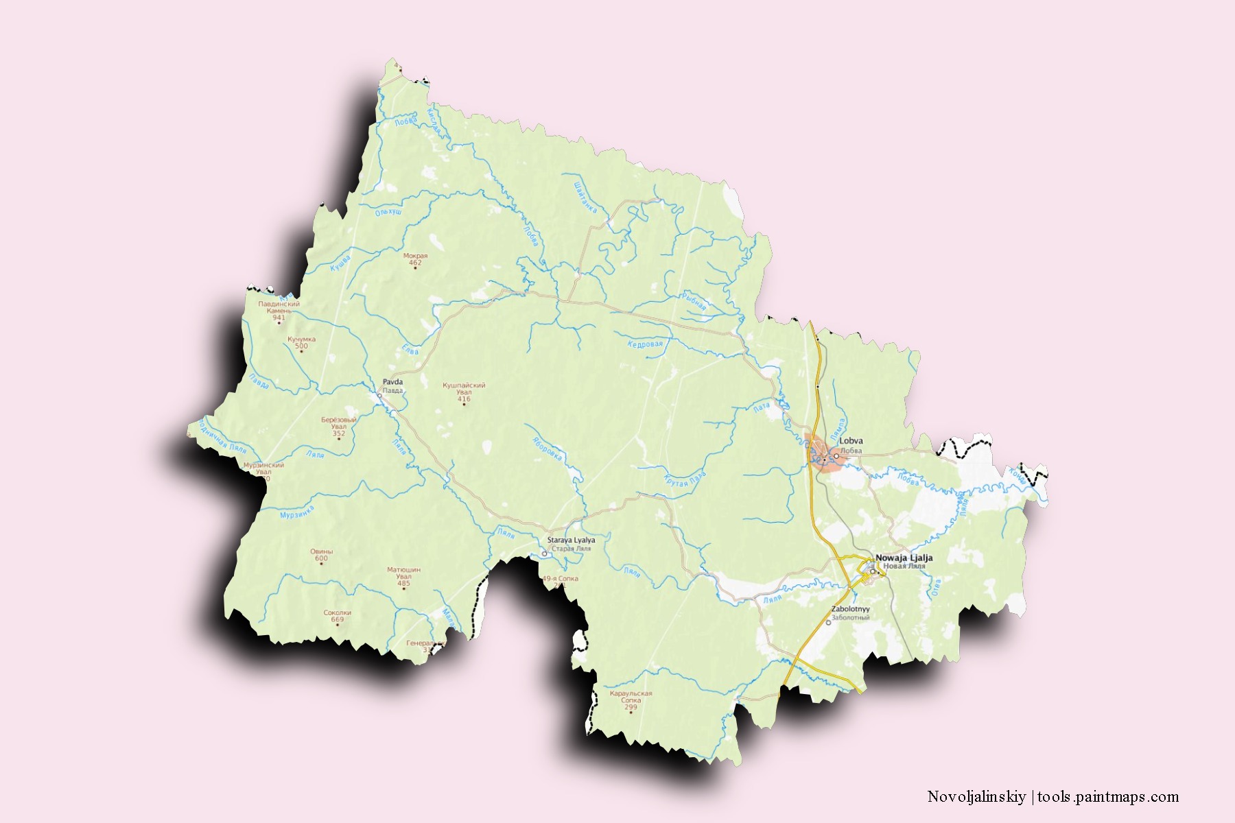 Mapa de barrios y pueblos de Novoljalinskiy con efecto de sombra 3D