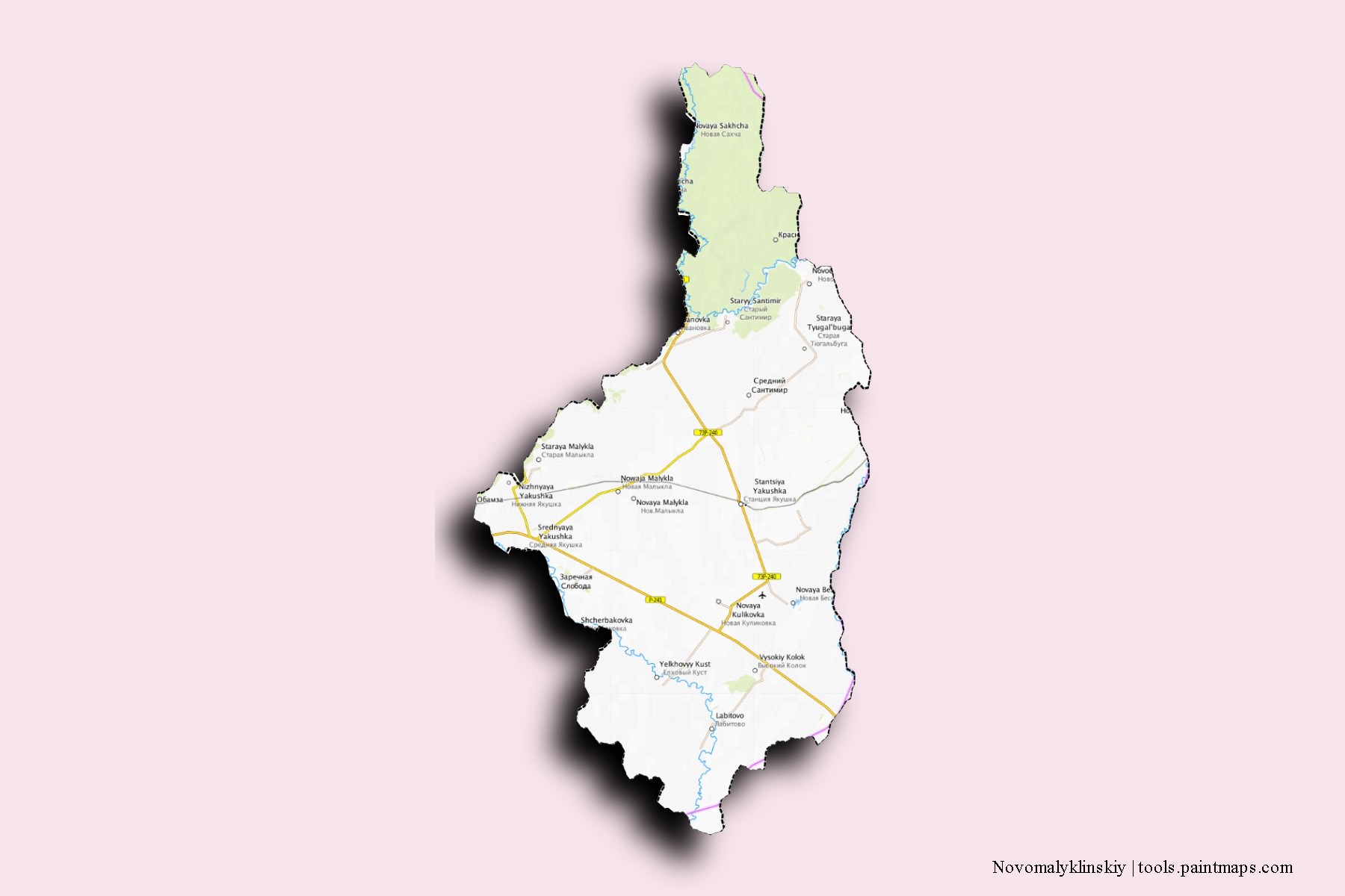 Novomalyklinskiy neighborhoods and villages map with 3D shadow effect