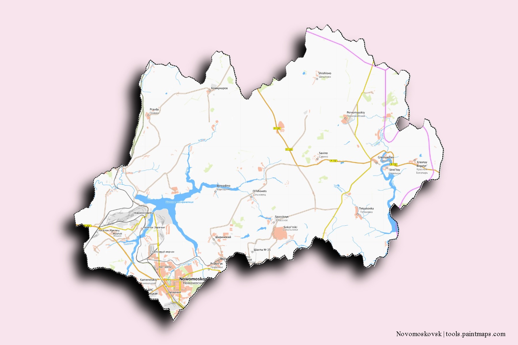 Novomoskovsk neighborhoods and villages map with 3D shadow effect