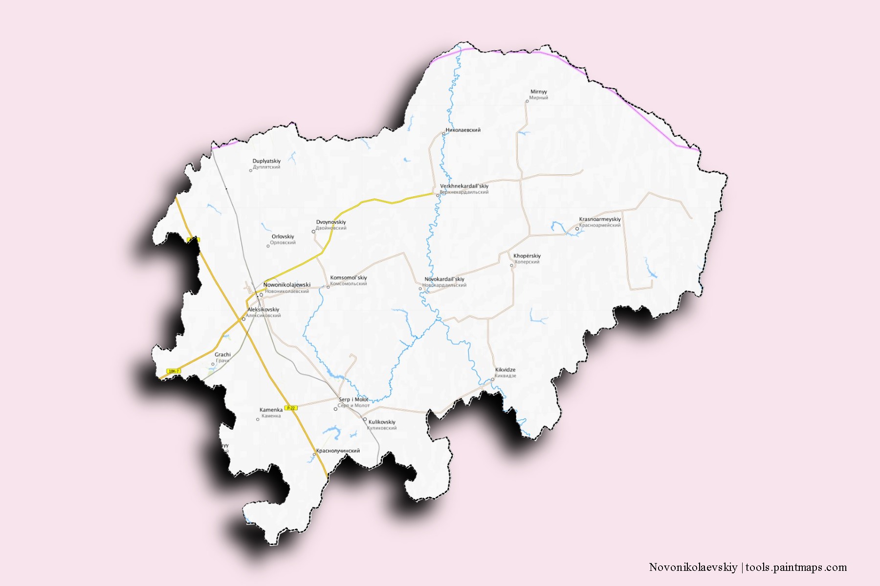 Novonikolaevskiy neighborhoods and villages map with 3D shadow effect