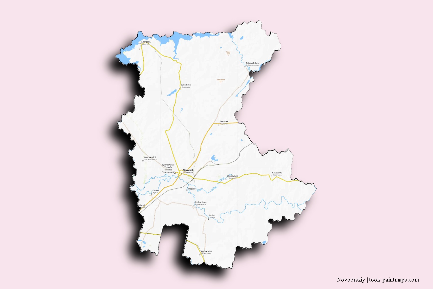 Mapa de barrios y pueblos de Novoorskiy con efecto de sombra 3D