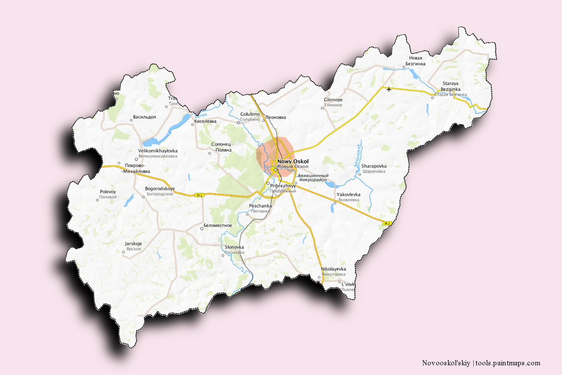 Novooskol'skiy neighborhoods and villages map with 3D shadow effect