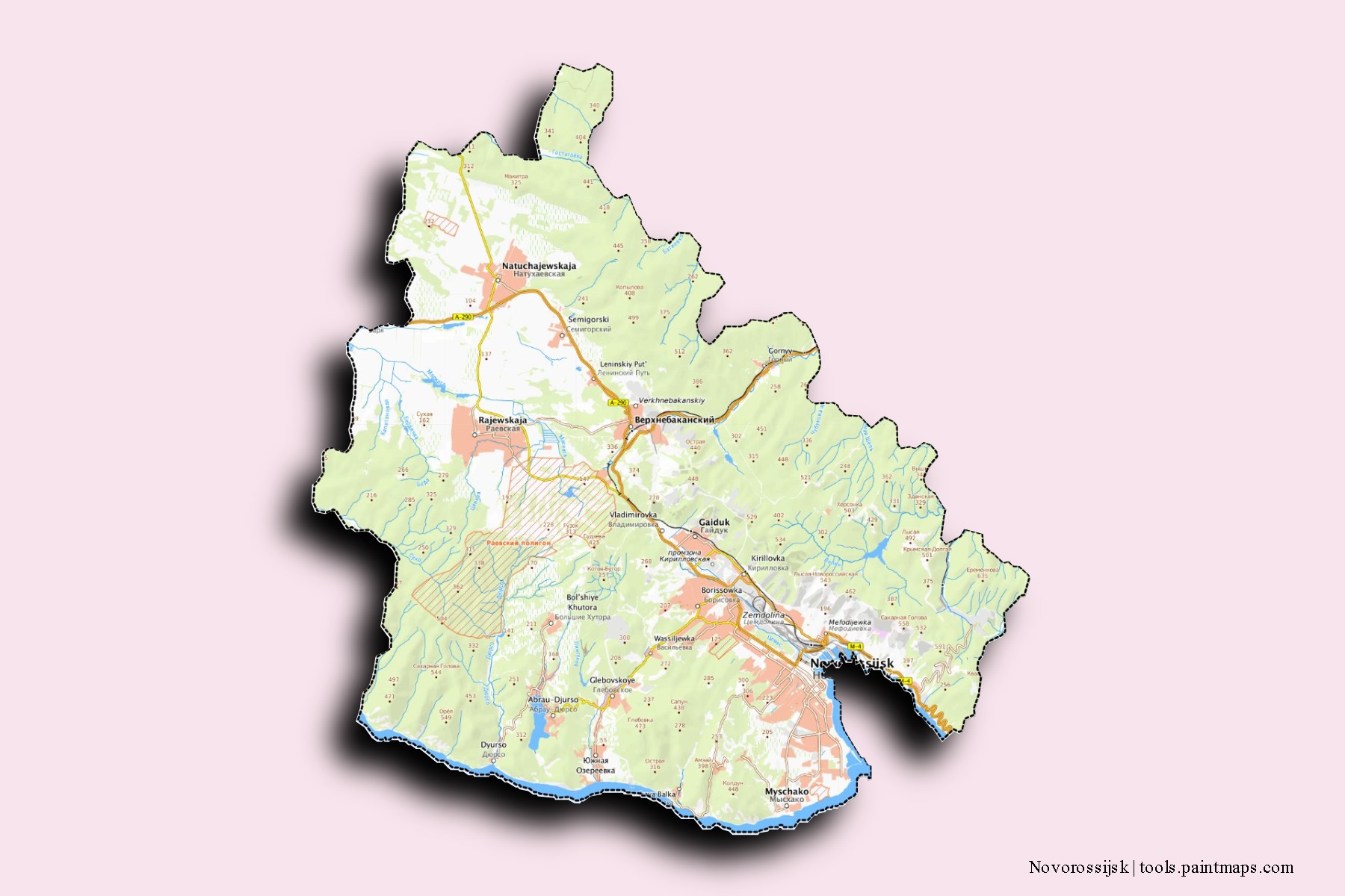 Novorossijsk neighborhoods and villages map with 3D shadow effect