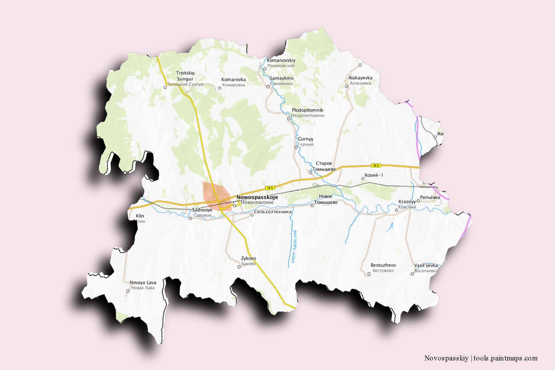 3D gölge efektli Novospasskiy mahalleleri ve köyleri haritası