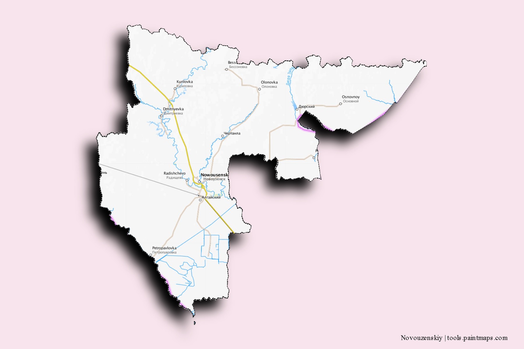 Novouzenskiy neighborhoods and villages map with 3D shadow effect