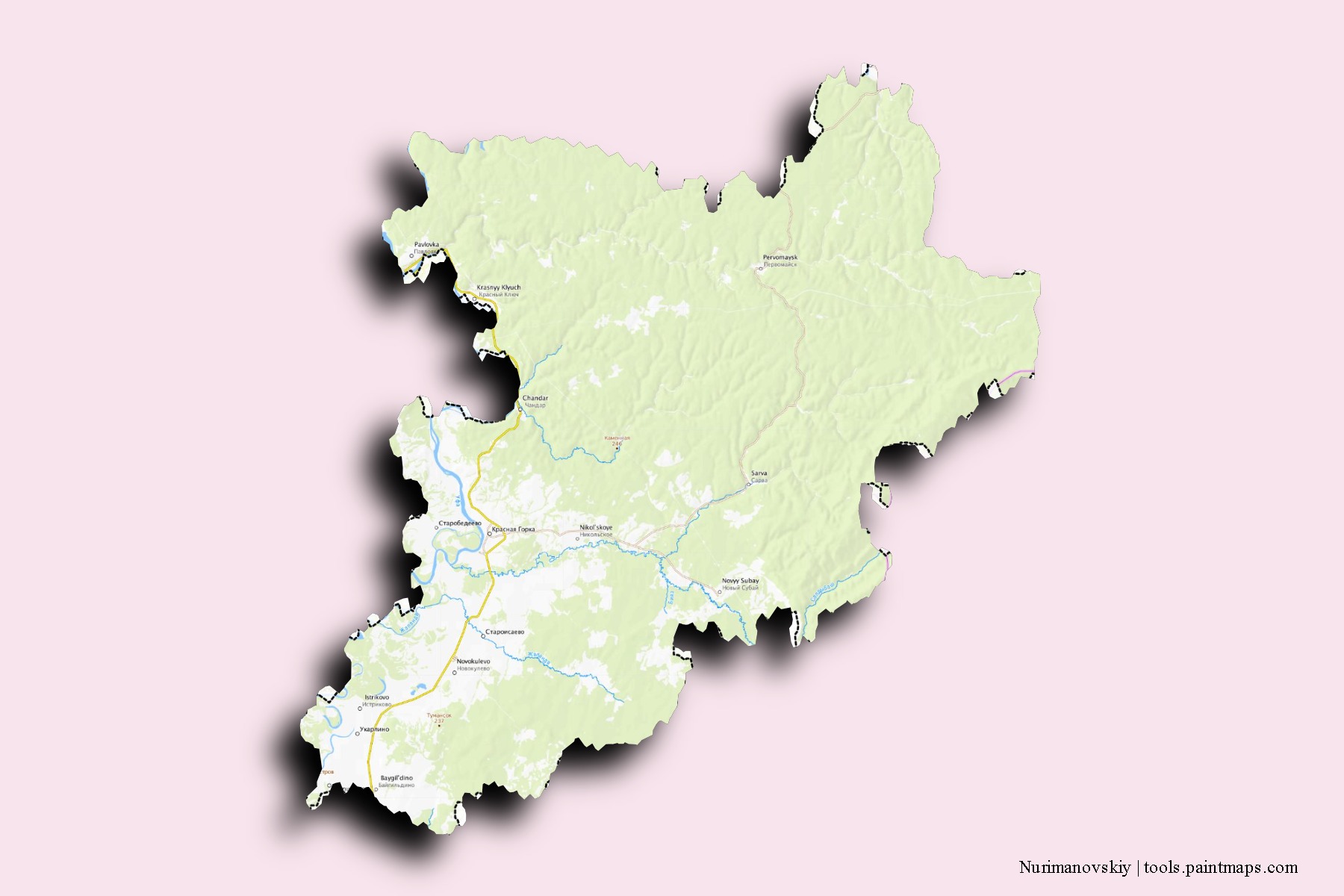 Mapa de barrios y pueblos de Nurimanovskiy con efecto de sombra 3D