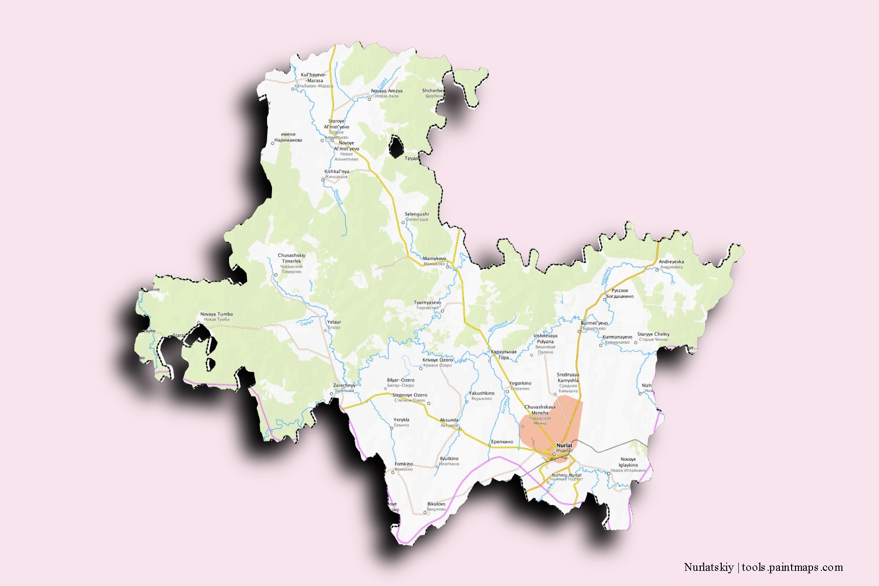 Mapa de barrios y pueblos de Nurlatskiy con efecto de sombra 3D