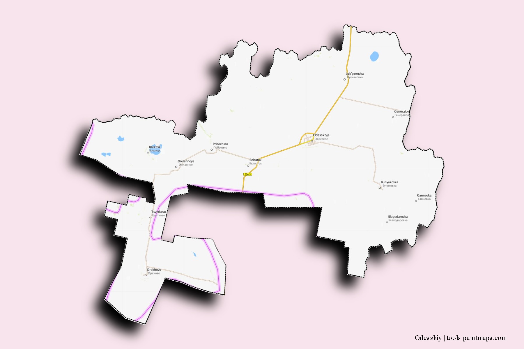 Odesskiy neighborhoods and villages map with 3D shadow effect