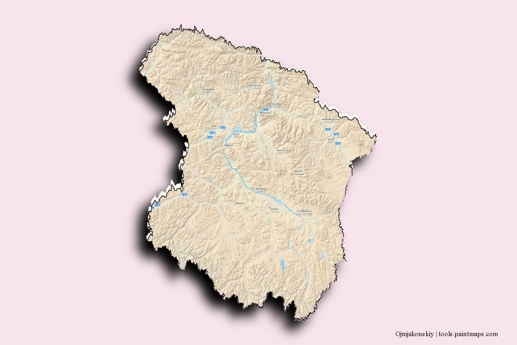 Mapa de barrios y pueblos de Ojmjakonskiy con efecto de sombra 3D