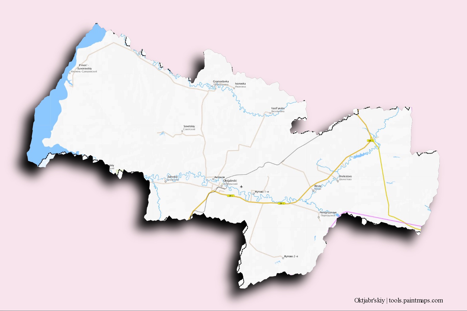 Mapa de barrios y pueblos de Oktjabr'skiy con efecto de sombra 3D