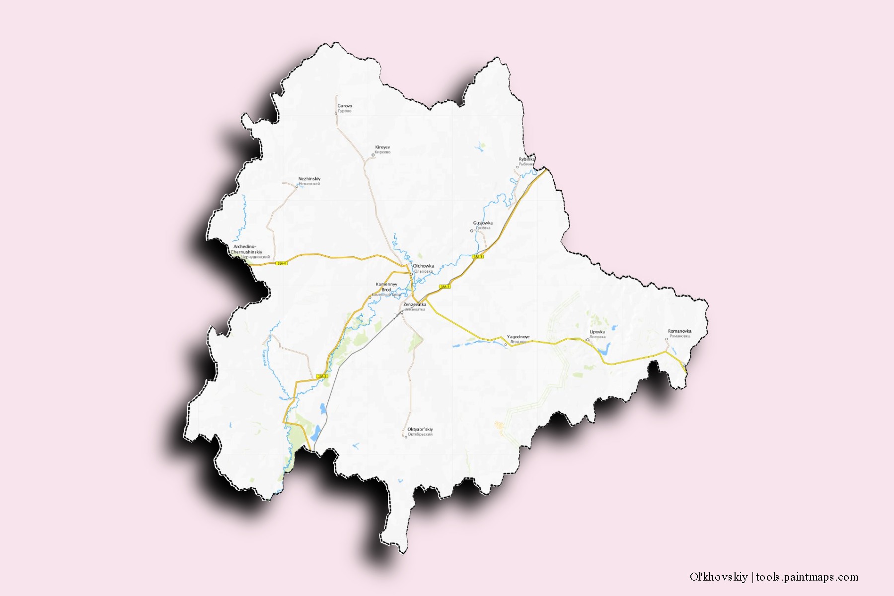 Mapa de barrios y pueblos de Ol'khovskiy con efecto de sombra 3D