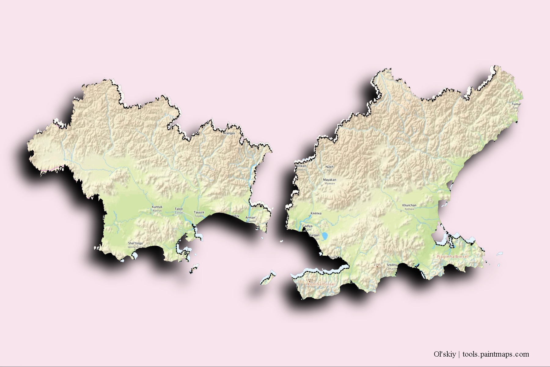 Ol'skiy neighborhoods and villages map with 3D shadow effect